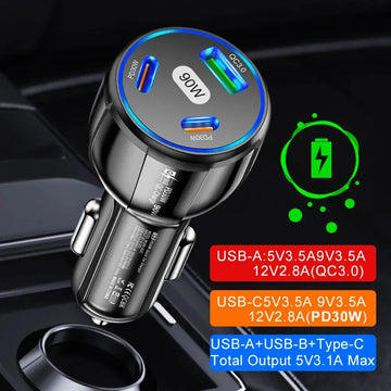 KIFIDAN 90W 3-in-1 Super Fast Charging Station, USB-C Car Charger with Dual PD 30W+QC3.0 - Imported from UK